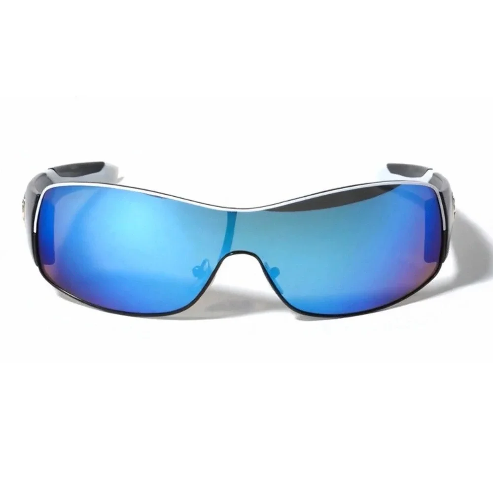 Women Shield Sunglasses Blue Mirrored Black White‎ Wraparound Frame Lentes Gafas